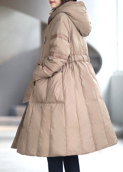 Khaki Button Pockets Tie Waist Winter Duck Down Coat