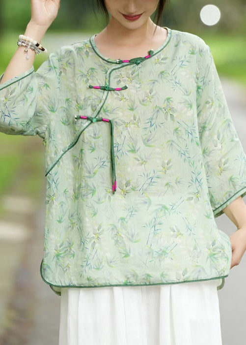 Khaki Button Print Linen Blouse Bracelet Sleeve