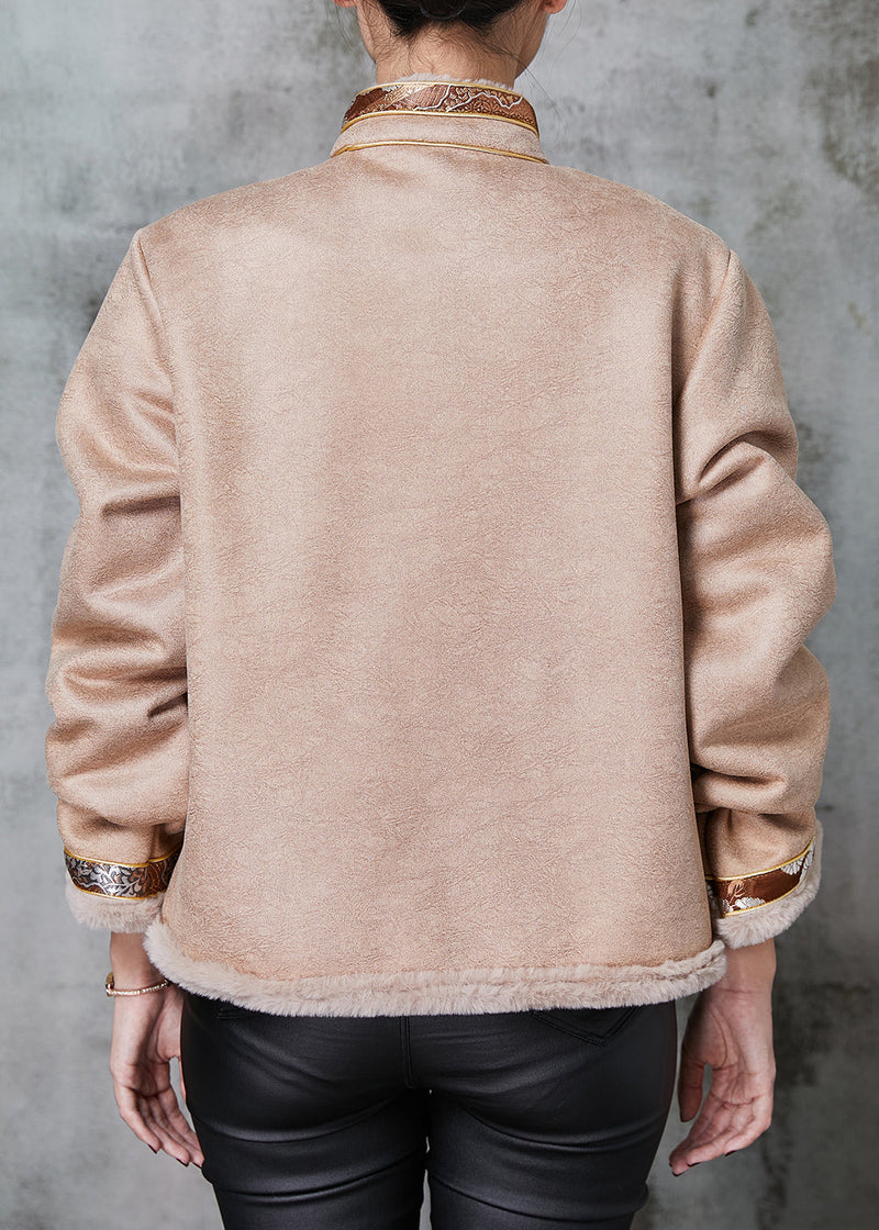 Khaki Chinese Button Patchwork Warm Fleece Coats Spring