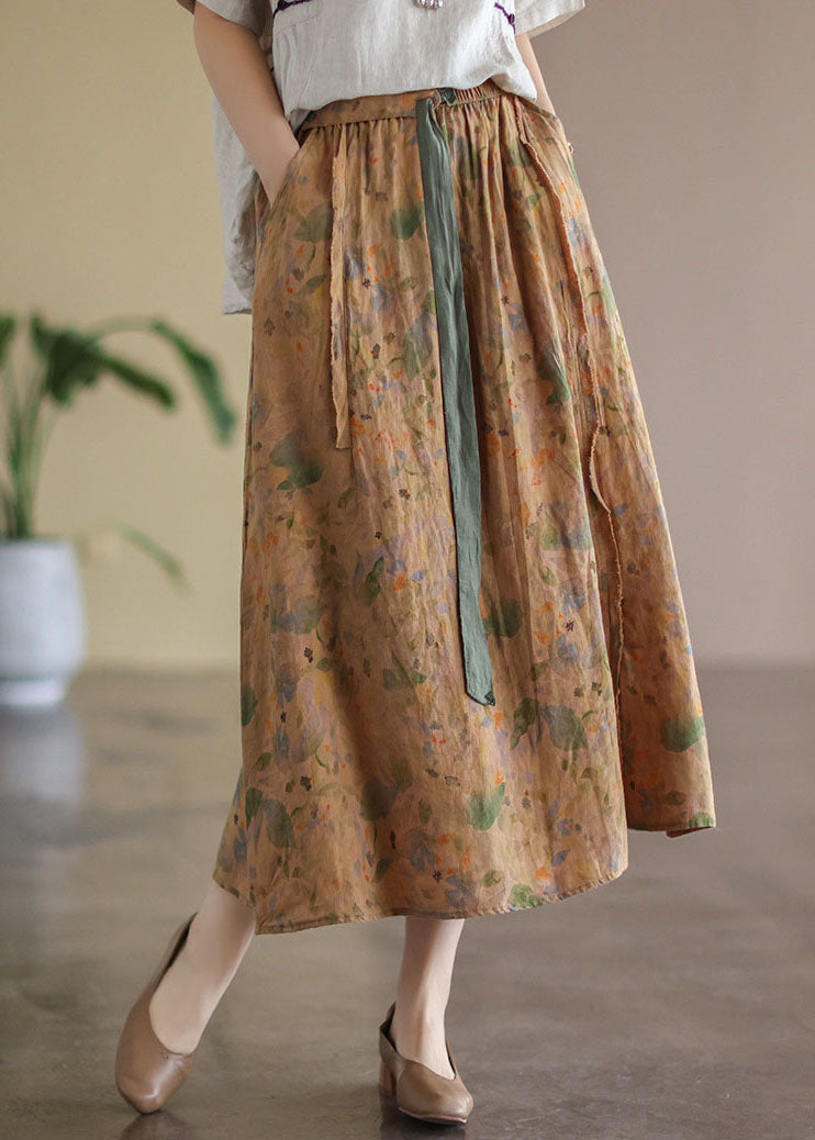 Khaki Elastic Waist Print Linen Skirt Spring