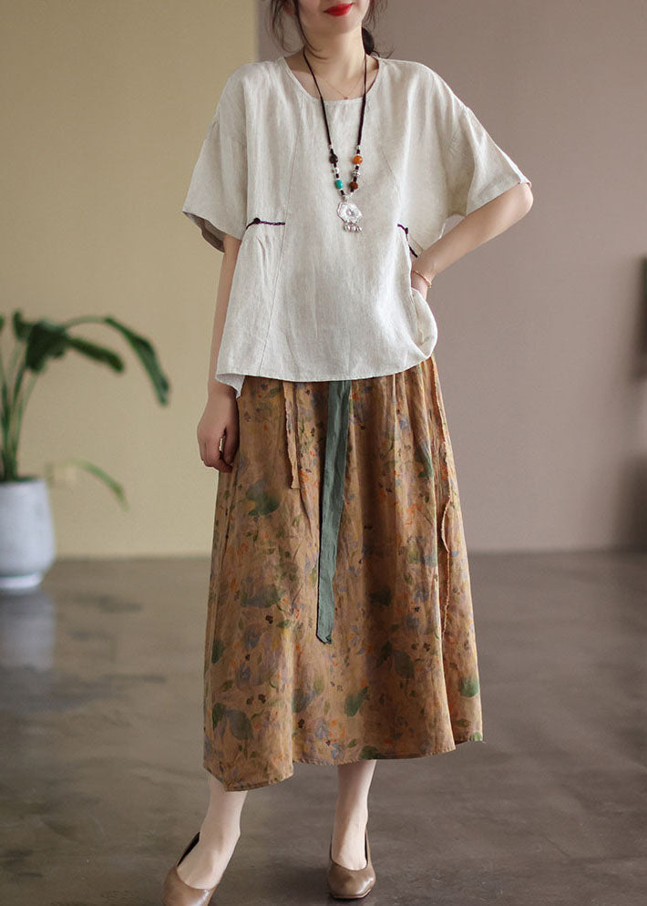 Khaki Elastic Waist Print Linen Skirt Spring