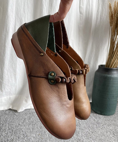 Khaki Genuine Leather Splicing Cross Strap Flat Shoes