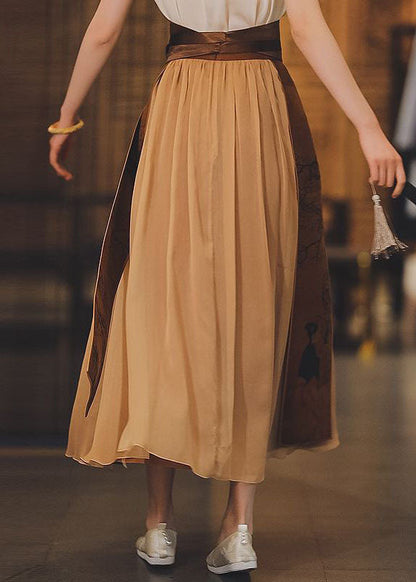 Khaki High Waist Print Silk Skirts Spring