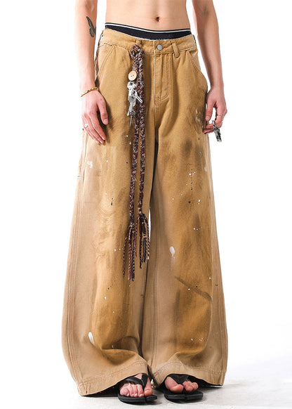 Khaki Hole Graffiti Pockets Denim Wide Leg Pants Fall