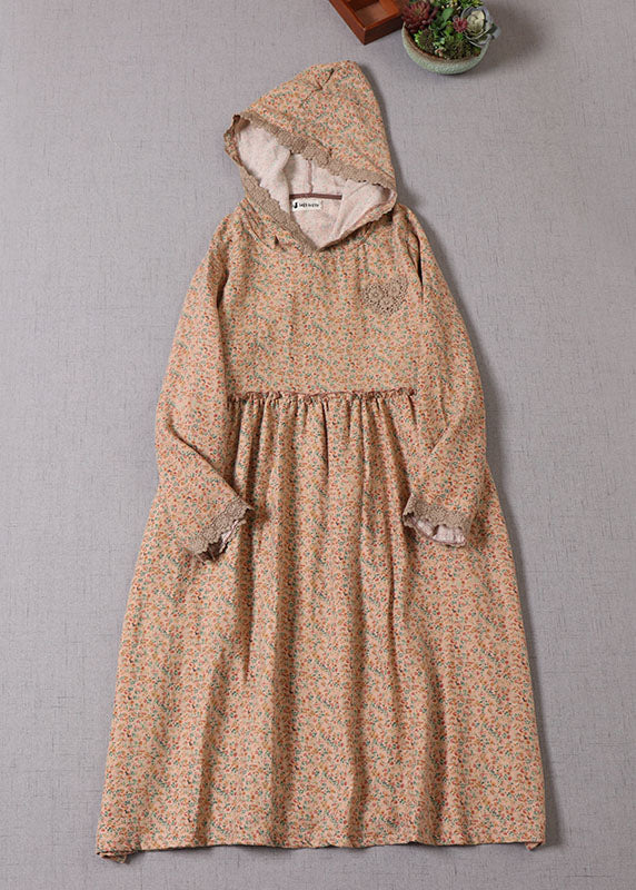 Khaki Hooded Print Cotton Holiday Dress Spring
