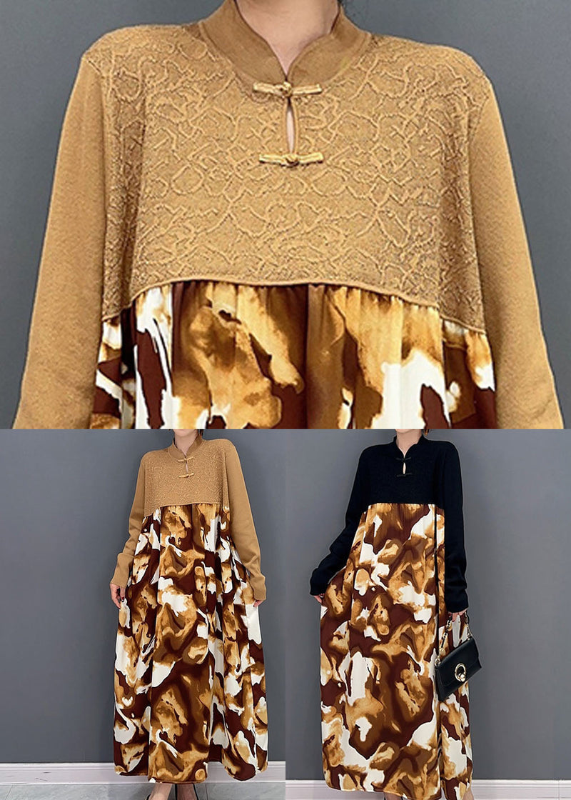 Khaki Mandarin Collar Patchwork Print Holiday Dress Spring