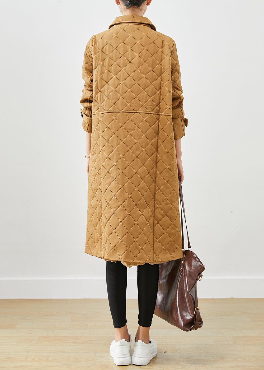 Khaki Notched Plaid Pockets Cotton Coats Fall