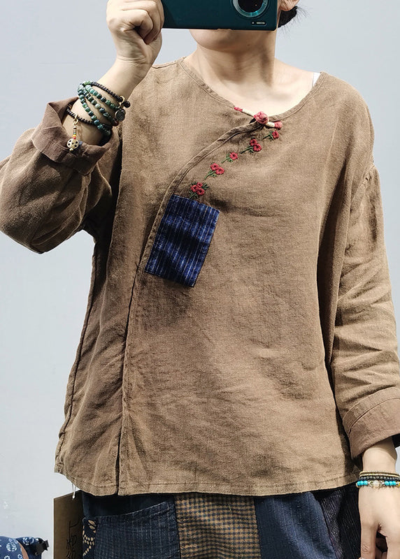 Khaki O-neck Embroideried Patchwork Linen Top Long Sleeve