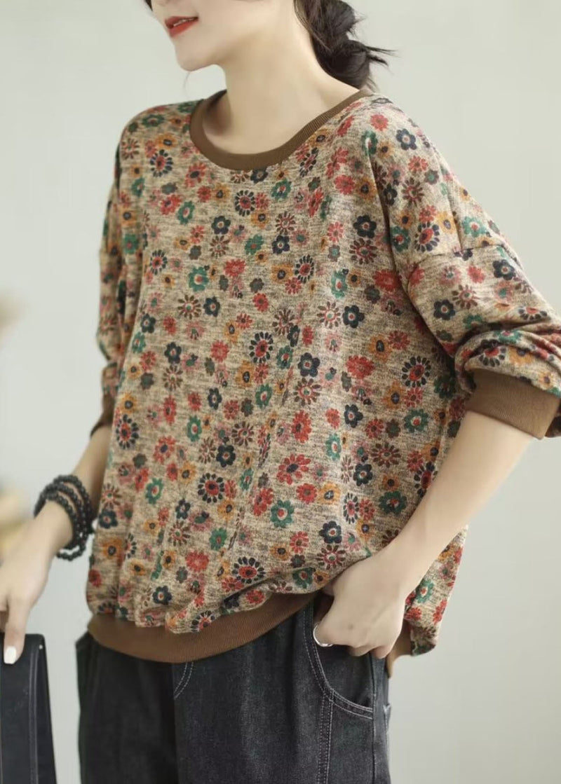Khaki O-neck Print Cotton Knit Sweaters Fall