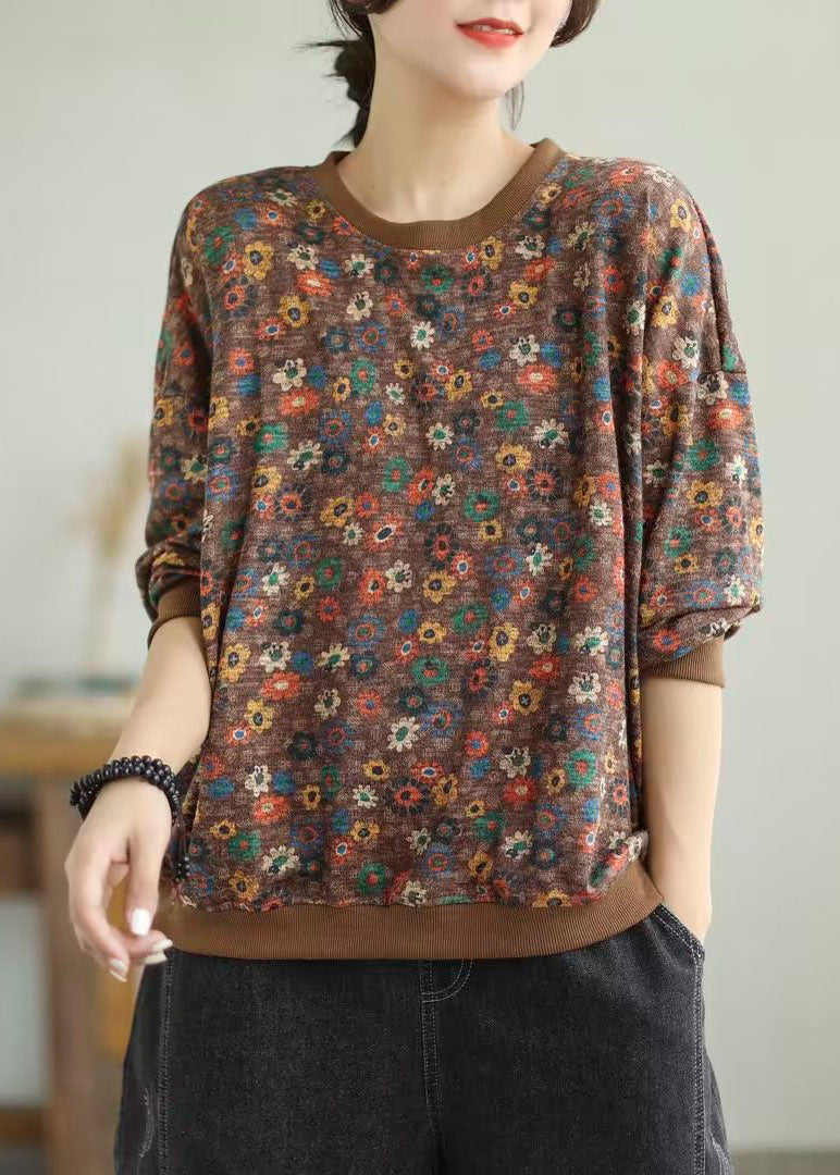 Khaki O-neck Print Cotton Knit Sweaters Fall