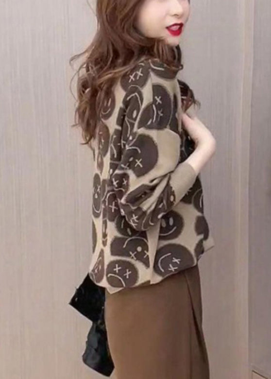 Khaki O-neck Print Knit Sweaters Fall