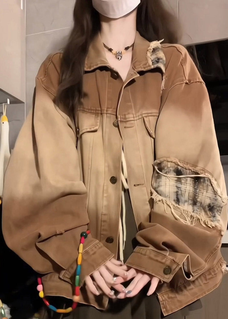 Khaki Peter Pan Collar Pockets Patchwork Patch Denim Coat Lantern Sleeve