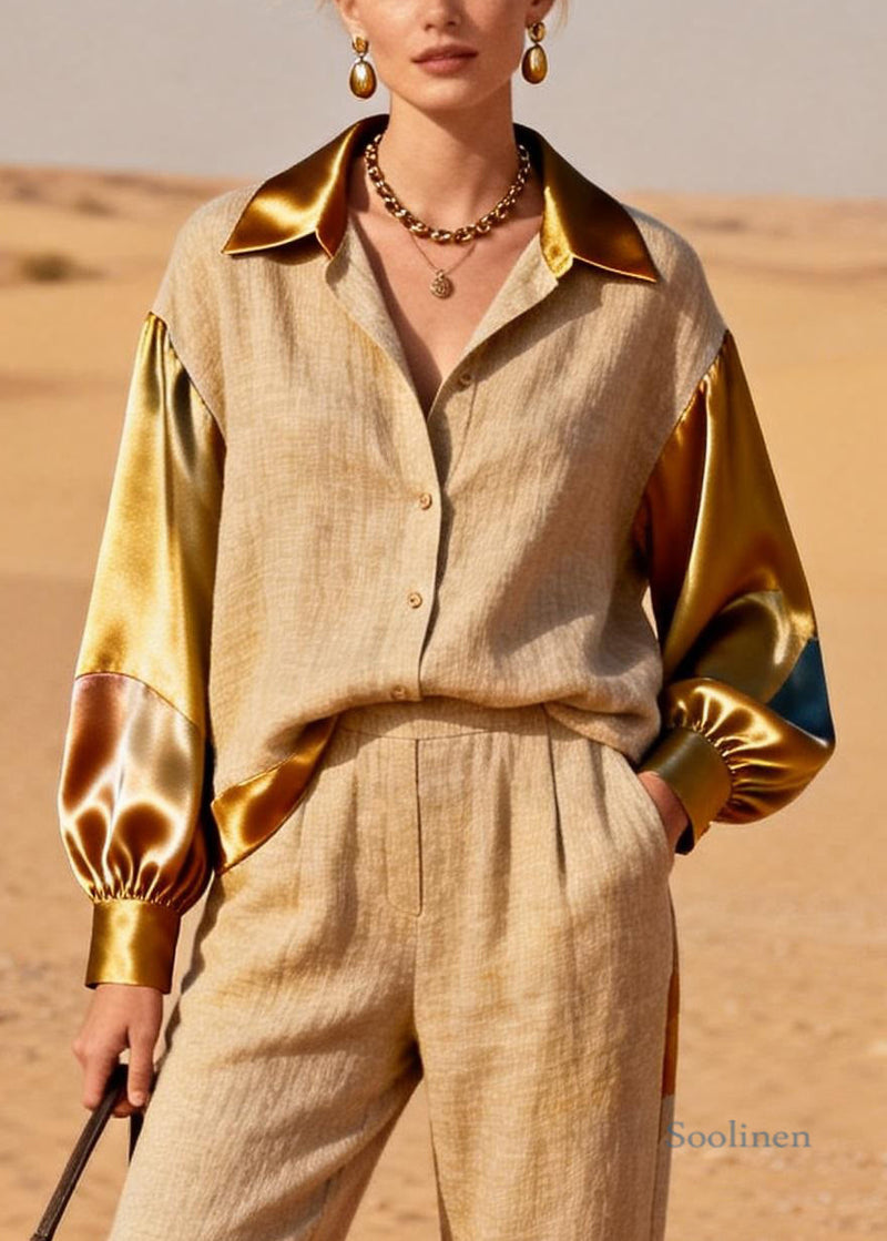 Khaki Peter Pan Collar Shirts and Crop Pants Silk Patchwork Two Pieces Set