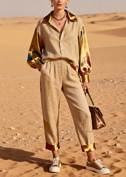 Khaki Peter Pan Collar Shirts and Crop Pants Silk Patchwork Two Pieces Set