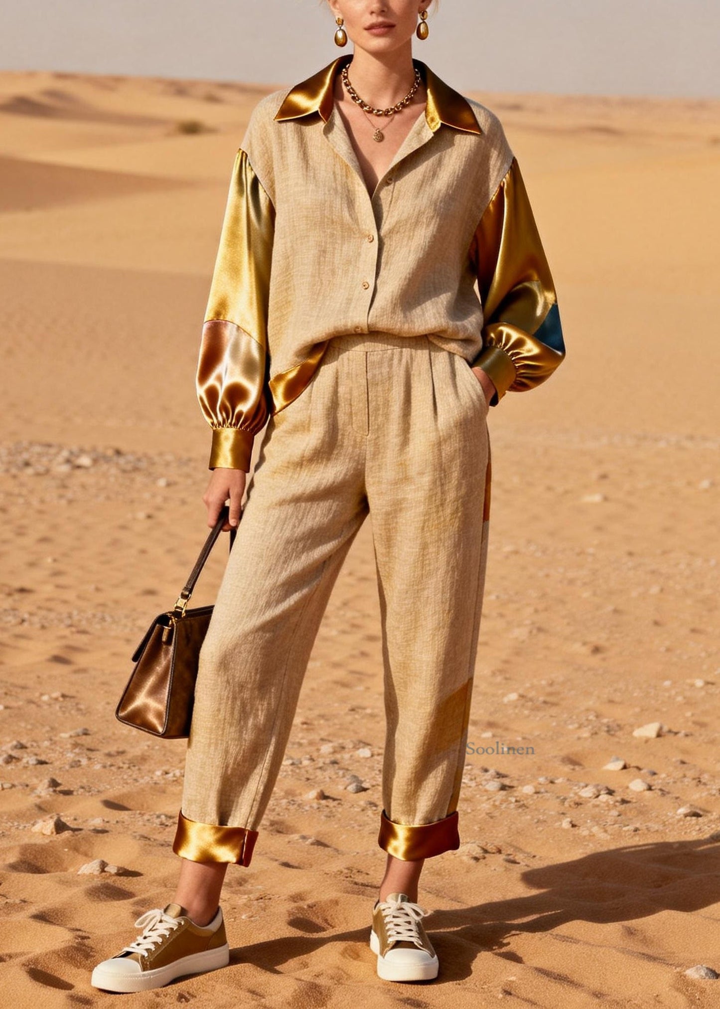 Khaki Peter Pan Collar Shirts and Crop Pants Silk Patchwork Two Pieces Set
