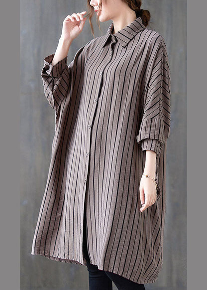 Vintage Khaki PeterPan Collar Button Striped Fall Long Sleeve Top
