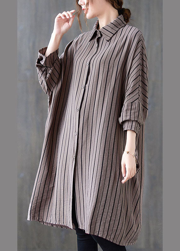 Khaki Peterpan Collar Button Striped Fall Long Sleeve Top