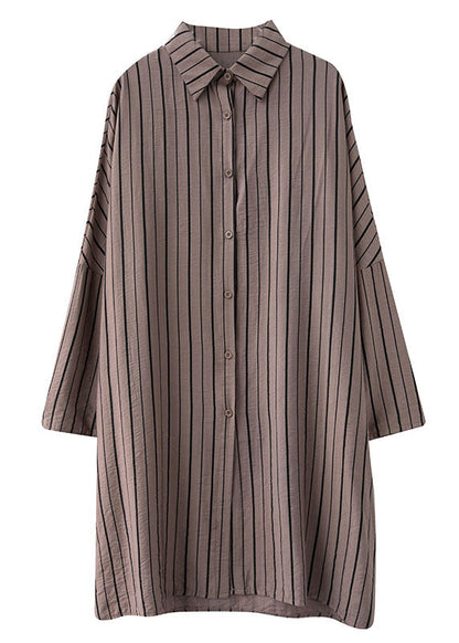 Vintage Khaki PeterPan Collar Button Striped Fall Long Sleeve Top