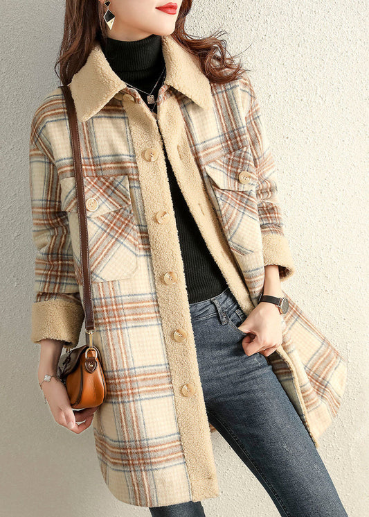 Khaki Peterpan Collar Plaid Winter Fleece Coat