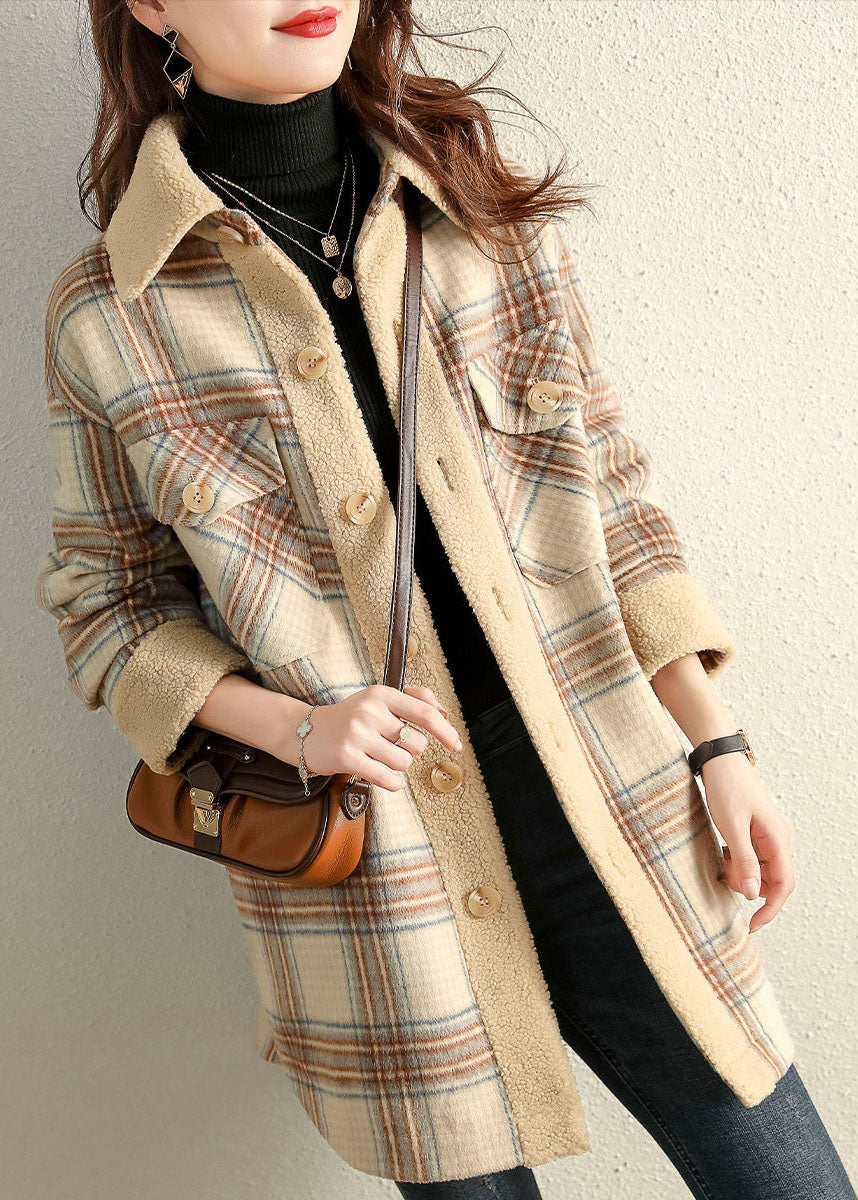 Khaki Peterpan Collar Plaid Winter Fleece Coat