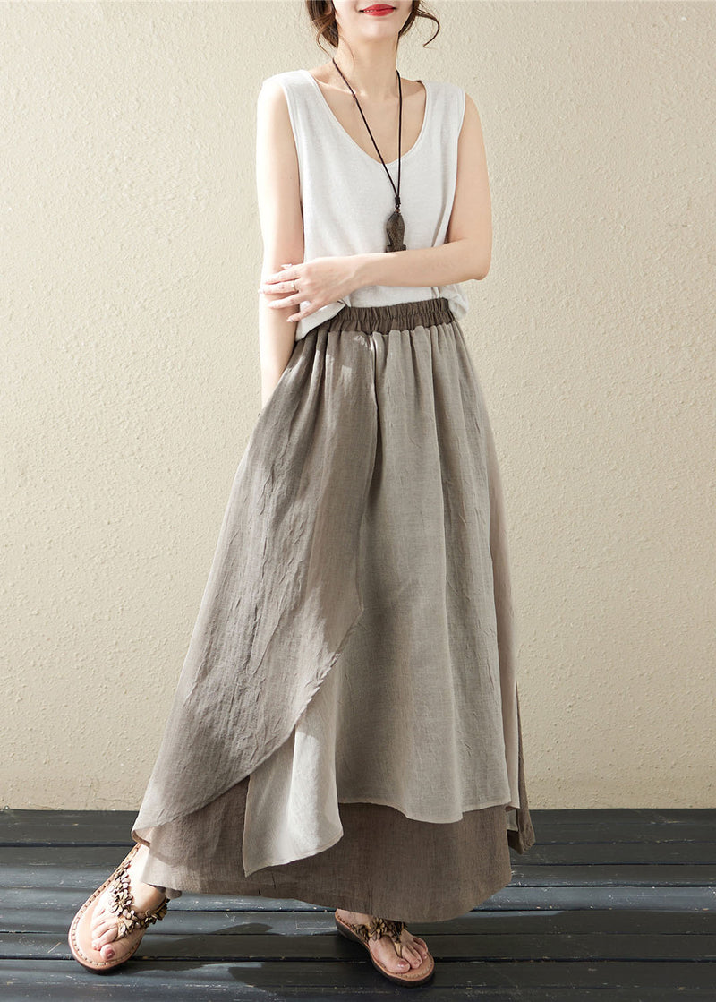 Khaki Pockets Asymmetrical Design Patchwork Linen Skirt Summer