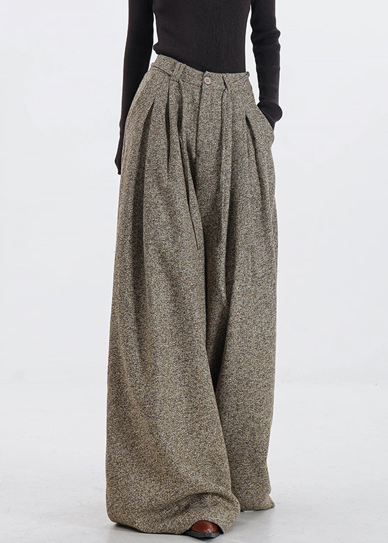 Khaki Pockets High Waist Woolen Pants Fall