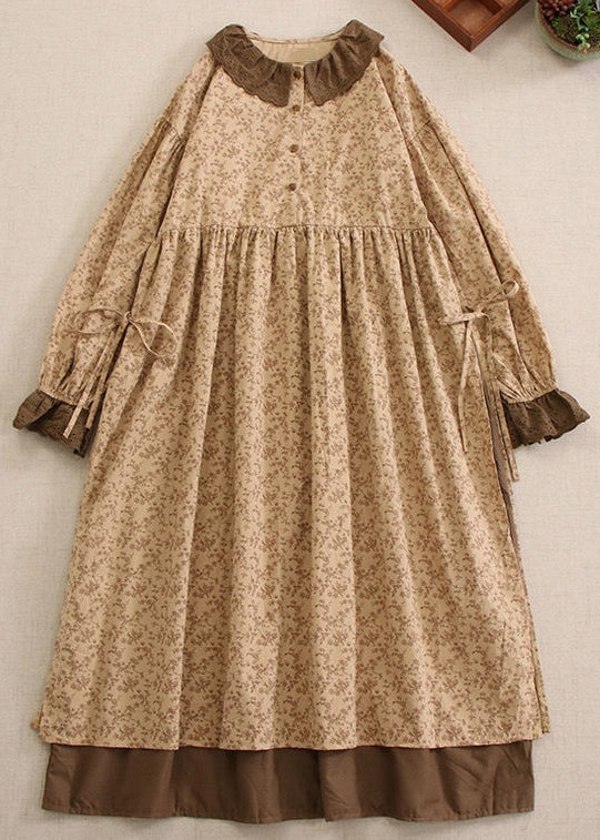 Khaki Print Lace Up Cotton Long Dresses Long Sleeve