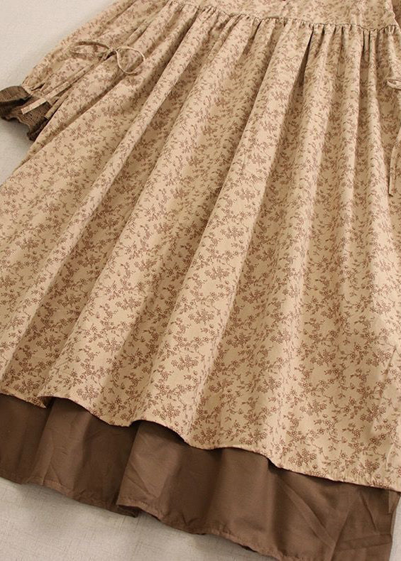 Khaki Print Lace Up Cotton Long Dresses Long Sleeve