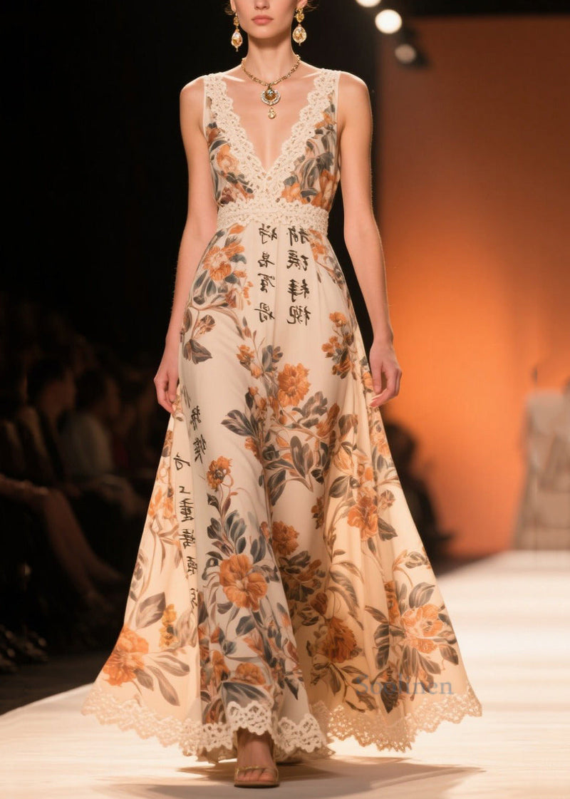 Khaki Print Patchwork Lace Chiffon Long Dresses Summer