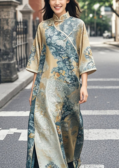 Khaki Print Side Open Silk Oriental Dress Bracelet Sleeve