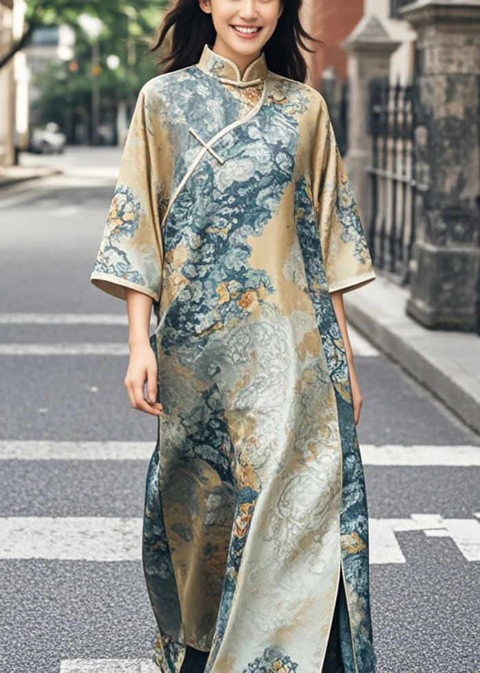 Khaki Print Side Open Silk Oriental Dress Bracelet Sleeve