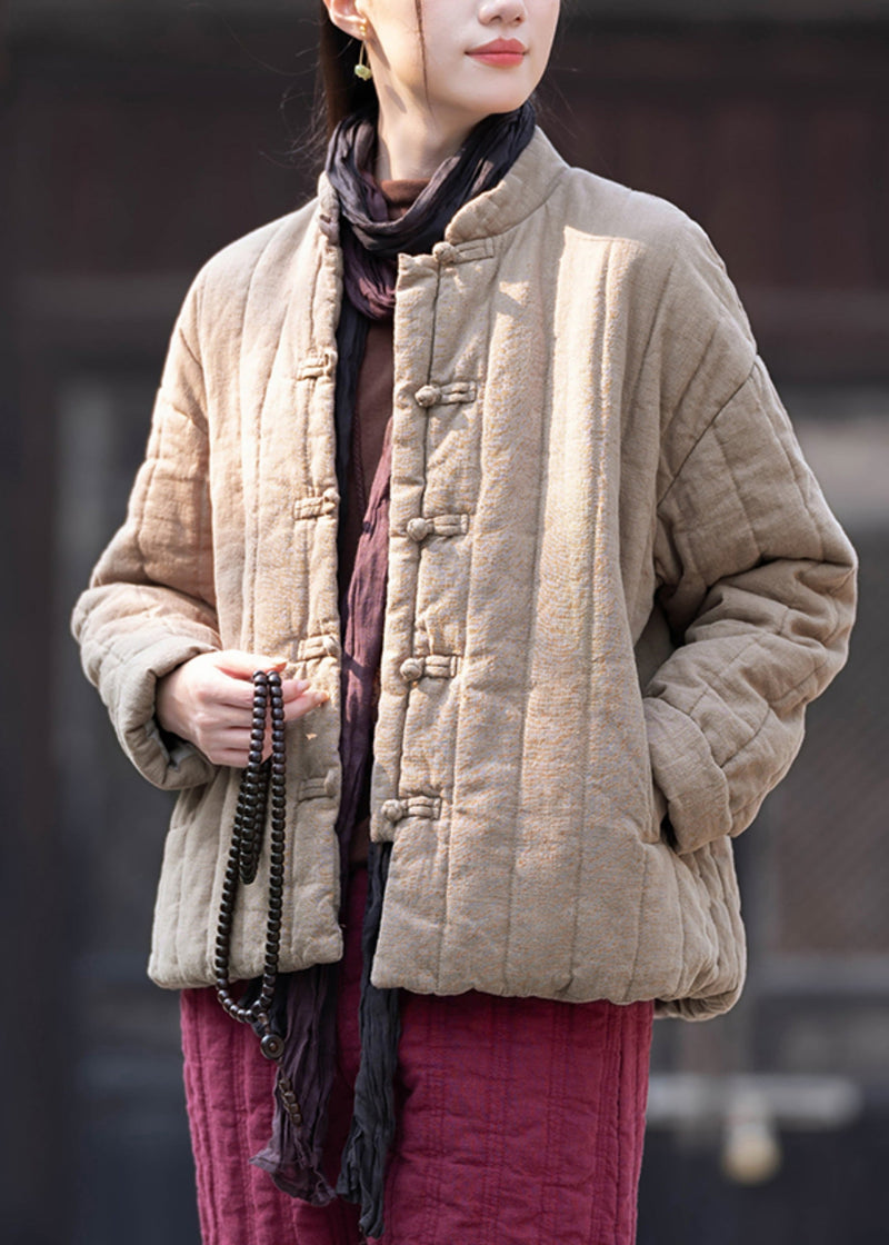 Khaki Stand Collar Button Pockets Cotton Filled Parkas Winter