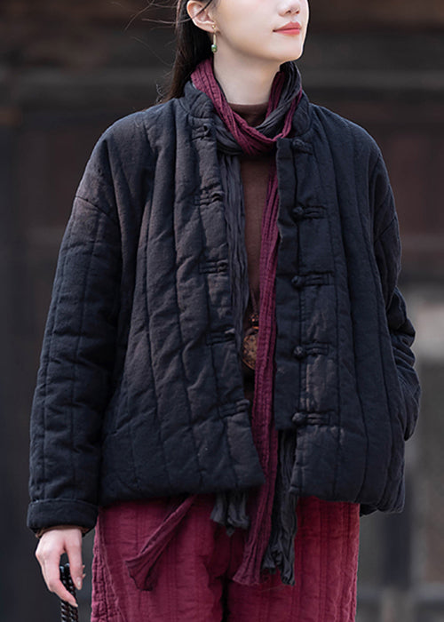 Khaki Stand Collar Button Pockets Cotton Filled Parkas Winter