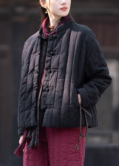 Khaki Stand Collar Button Pockets Cotton Filled Parkas Winter