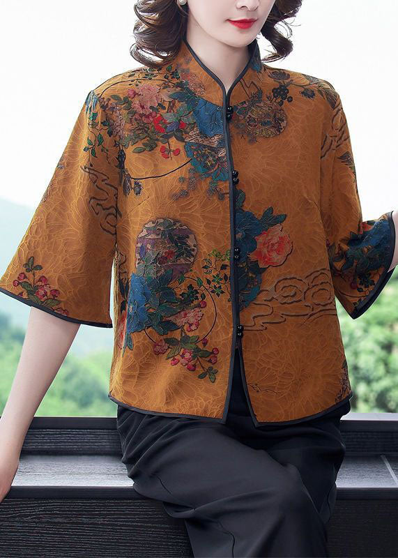 Khaki Stand Collar Print Silk Blouse Top Half Sleeve