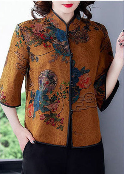 Khaki Stand Collar Print Silk Blouse Top Half Sleeve