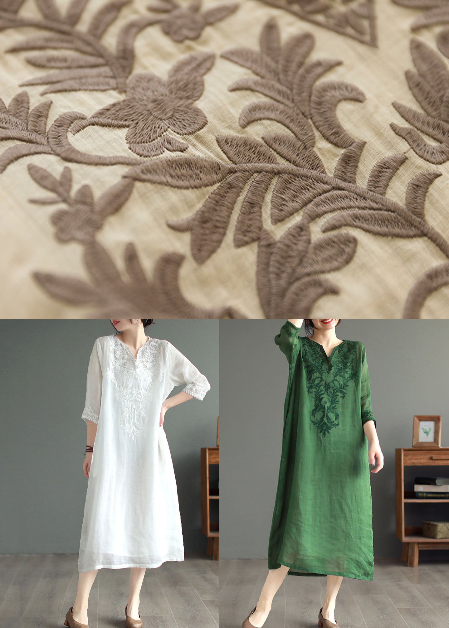 Khaki V Neck Embroideried Patchwork Linen Dress Summer