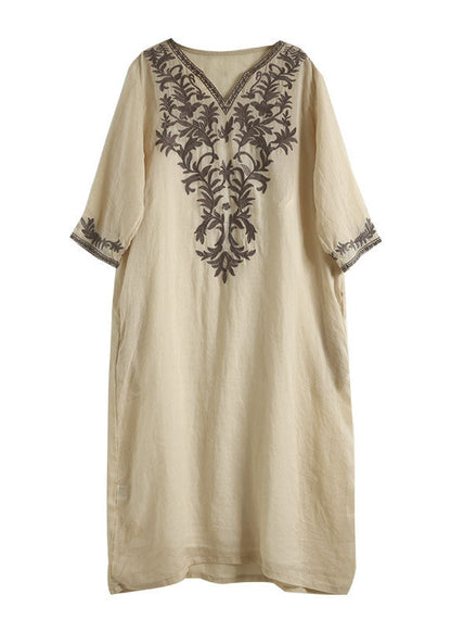 Khaki V Neck Embroideried Patchwork Linen Dress Summer