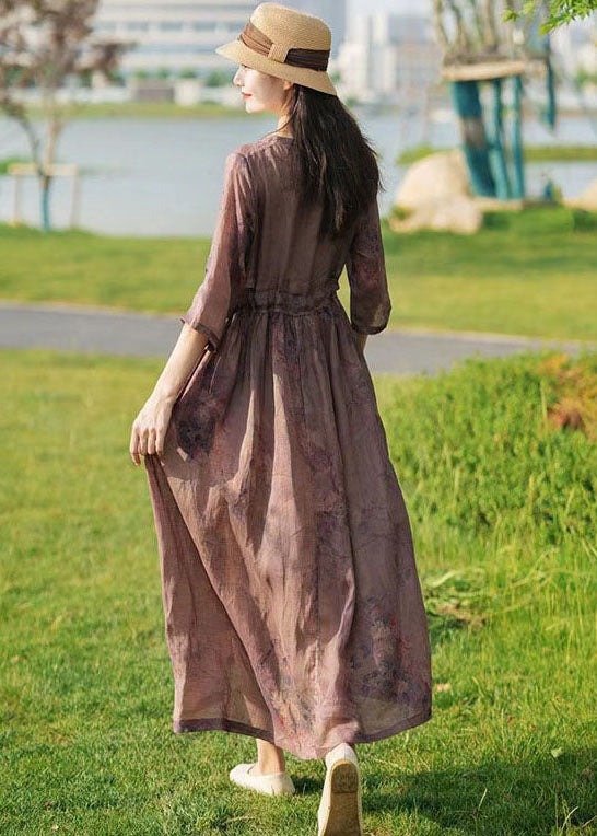 Khaki V Neck Print Tie Waist Patchwork Linen Dresses Summer