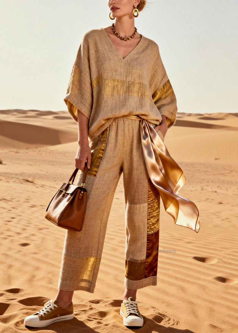 Khaki V Neck Tops and Crop Pants Patchwork Silk Linen Two Pieces Set Batwing Sleeve