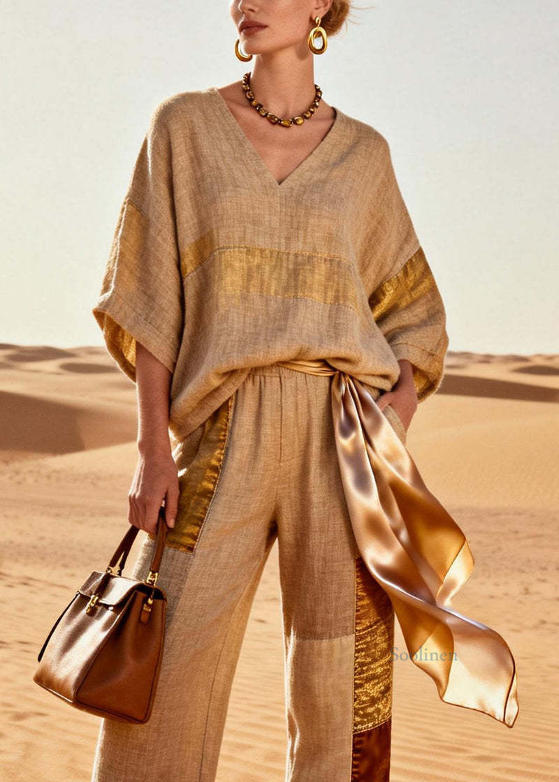 Khaki V Neck Tops and Crop Pants Patchwork Silk Linen Two Pieces Set Batwing Sleeve