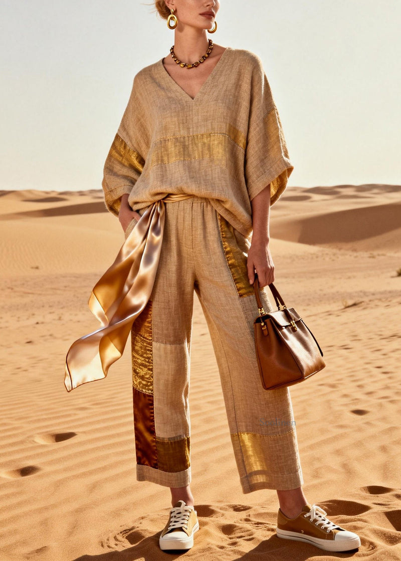 Khaki V Neck Tops and Crop Pants Patchwork Silk Linen Two Pieces Set Batwing Sleeve