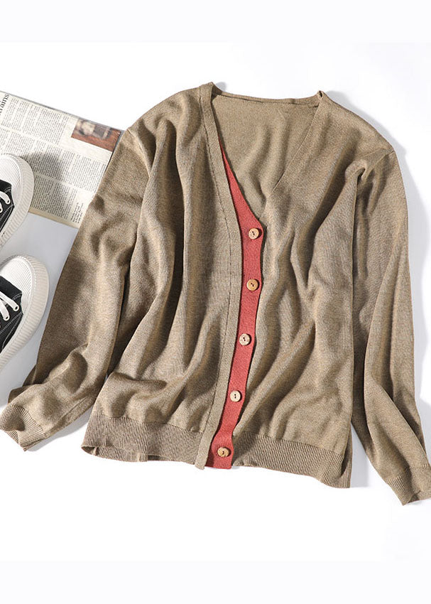 Khaki Button V Neck Patchwork Knit Loose Cardigans Spring
