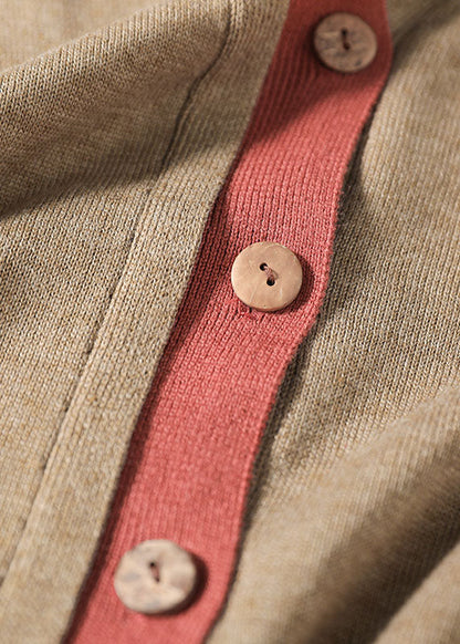 Khaki Button V Neck Patchwork Knit Loose Cardigans Spring