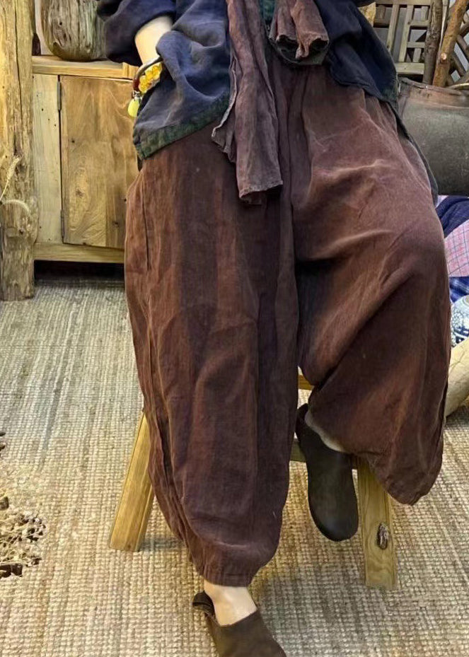 Khaki Elastic Waist Pockets Linen Lantern Pants Spring