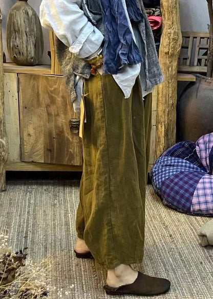 Khaki Elastic Waist Pockets Linen Lantern Pants Spring