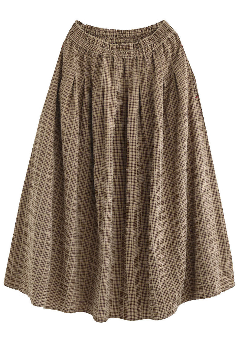 Khaki Elastic Waist Pockets Plaid Cotton a Line Skirts Spring