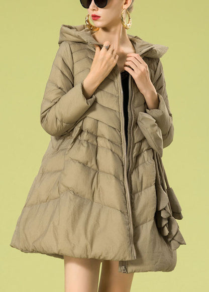 Khaki Hooded Zippered Bow Winter Duck Down Coat