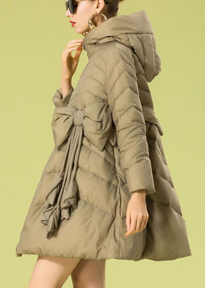 Khaki Hooded Zippered Bow Winter Duck Down Coat