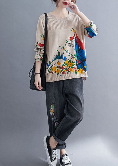 Khaki Side Open Print Knit Sweaters Winter
